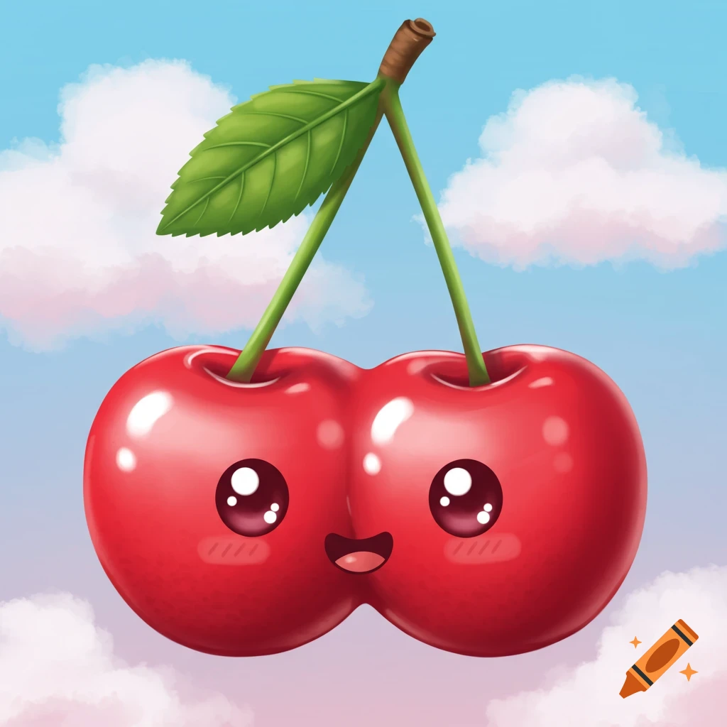 A cute cartoon cherry mascot with a face, stem, and leaf, floating in a cloudy blue sky.