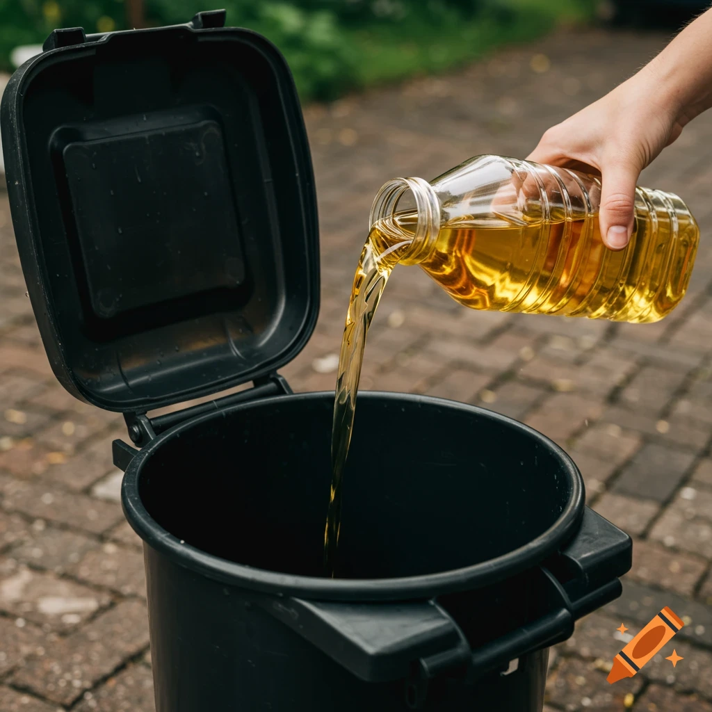A hand pours cooking oil from a bottle into a black trash can on a paved surface.