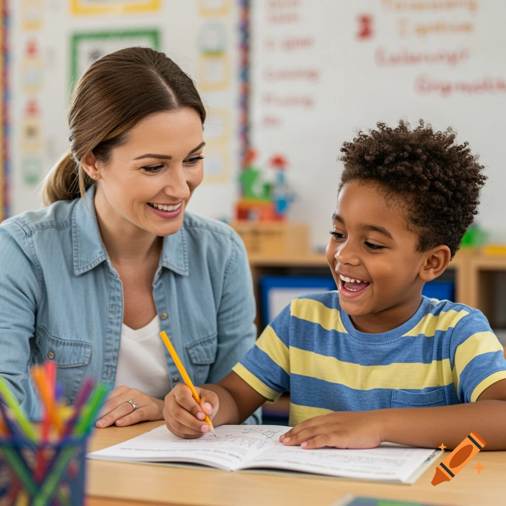 Teacher and student learn together at desk in classroom