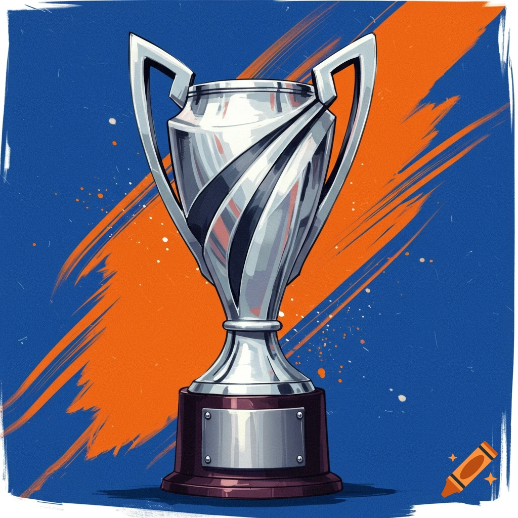 Illustration of a silver trophy against a blue and orange abstract background.