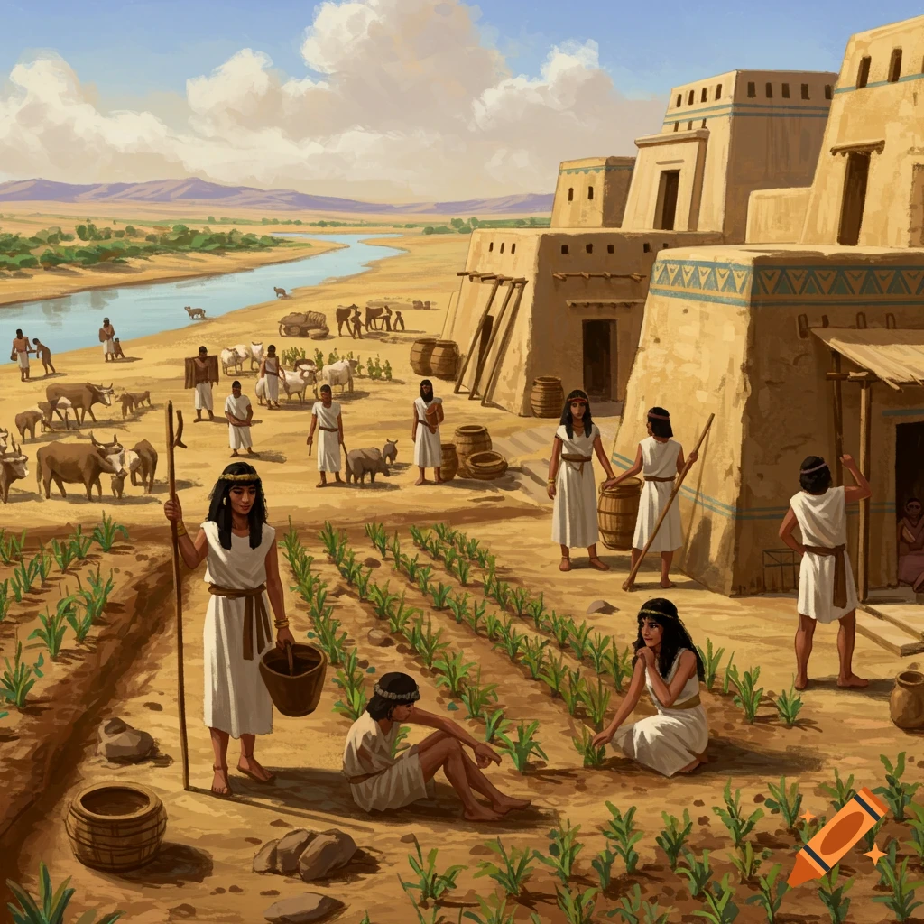 Illustration of ancient people farming by a river near adobe buildings