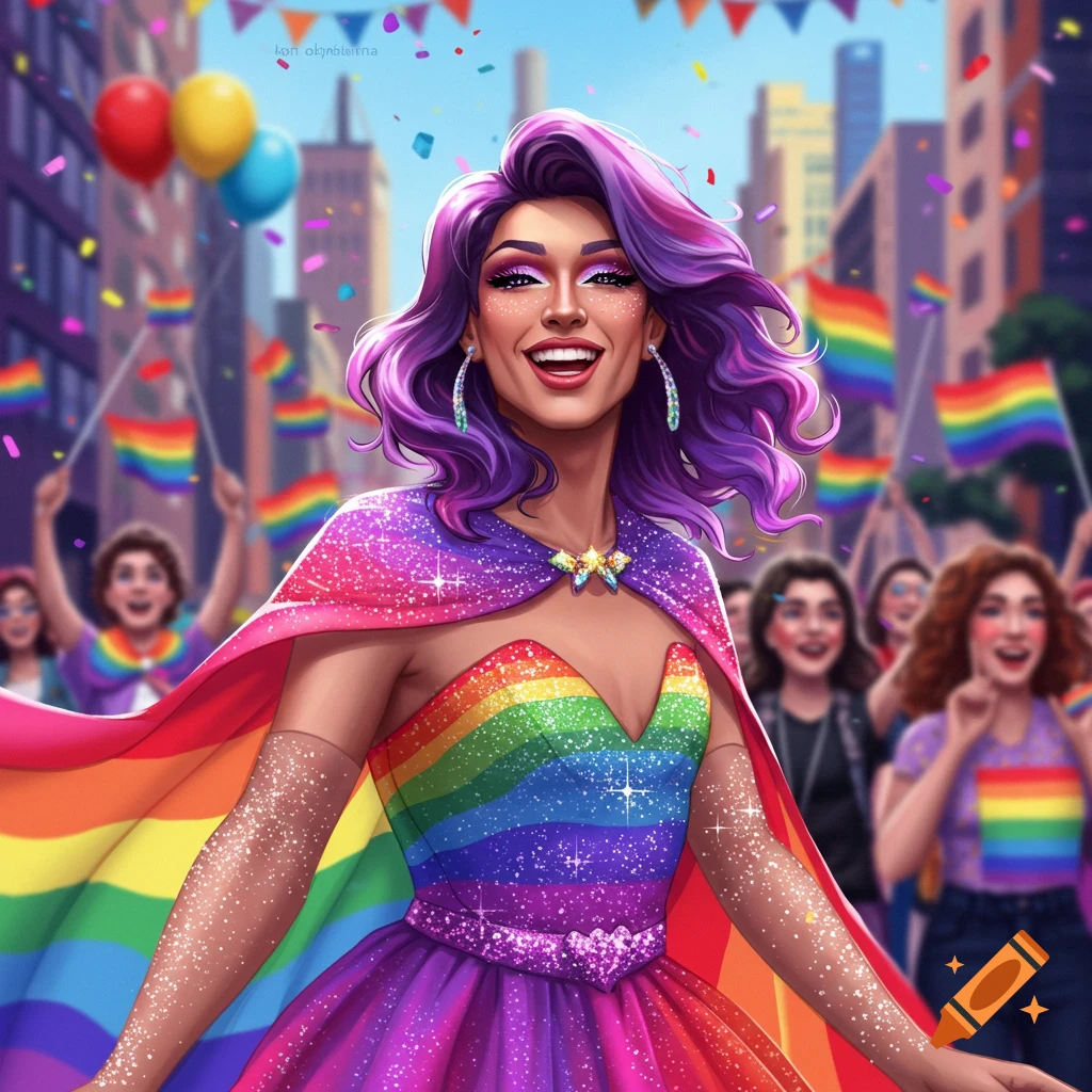 Person with purple hair in rainbow dress and cape smiling at a pride parade