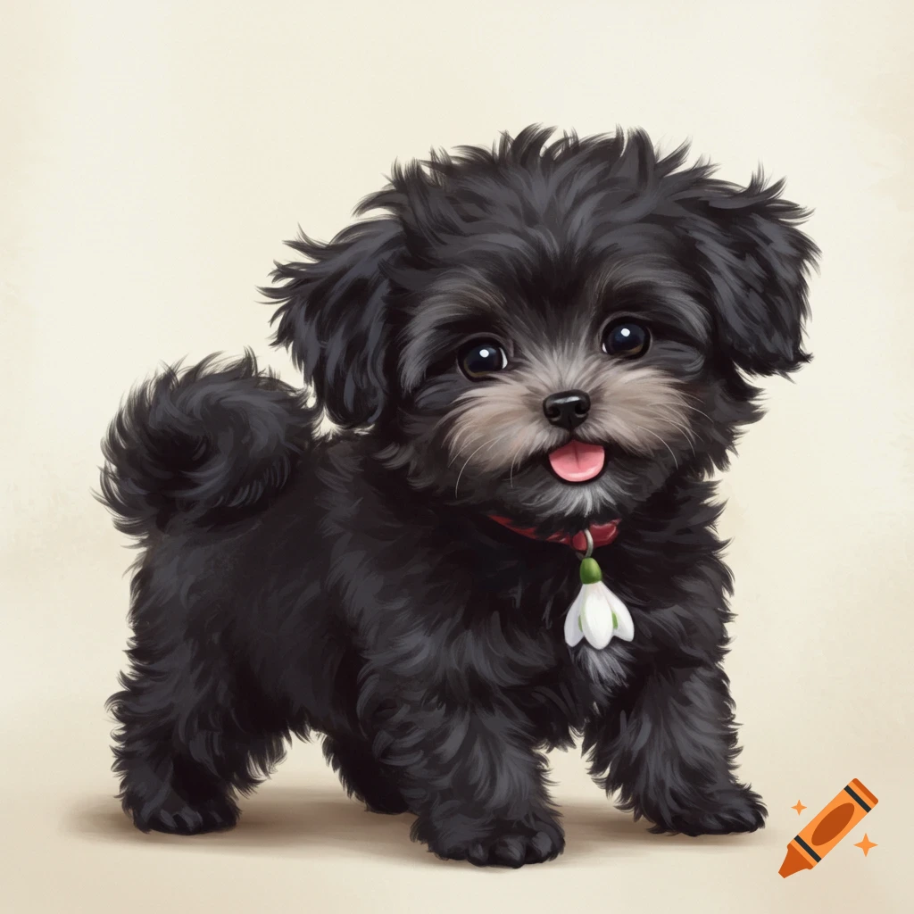 A fluffy black puppy with a red collar and a white flower charm.
