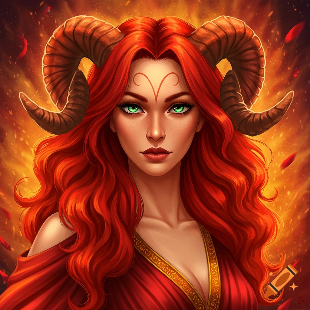 Fantasy portrait of a woman with red hair and ram horns, green eyes, fire background.