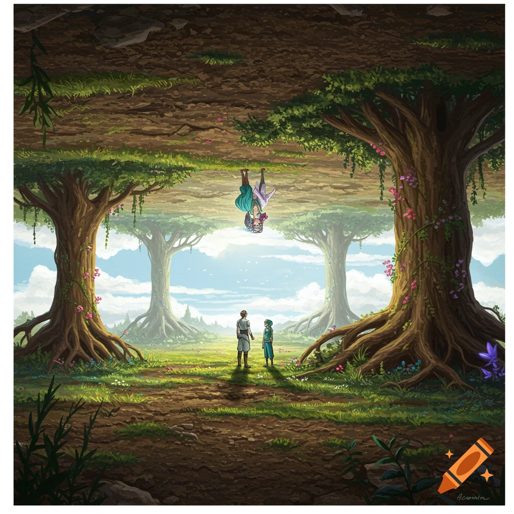 Illustration of two characters in an upside-down fantasy forest with trees growing from the soil above.