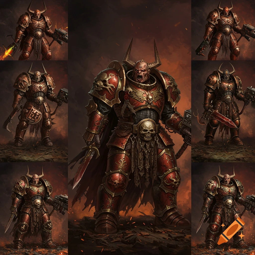 A collection of images of a heavily armored fantasy warrior in red and gold armor with horns, holding weapons.