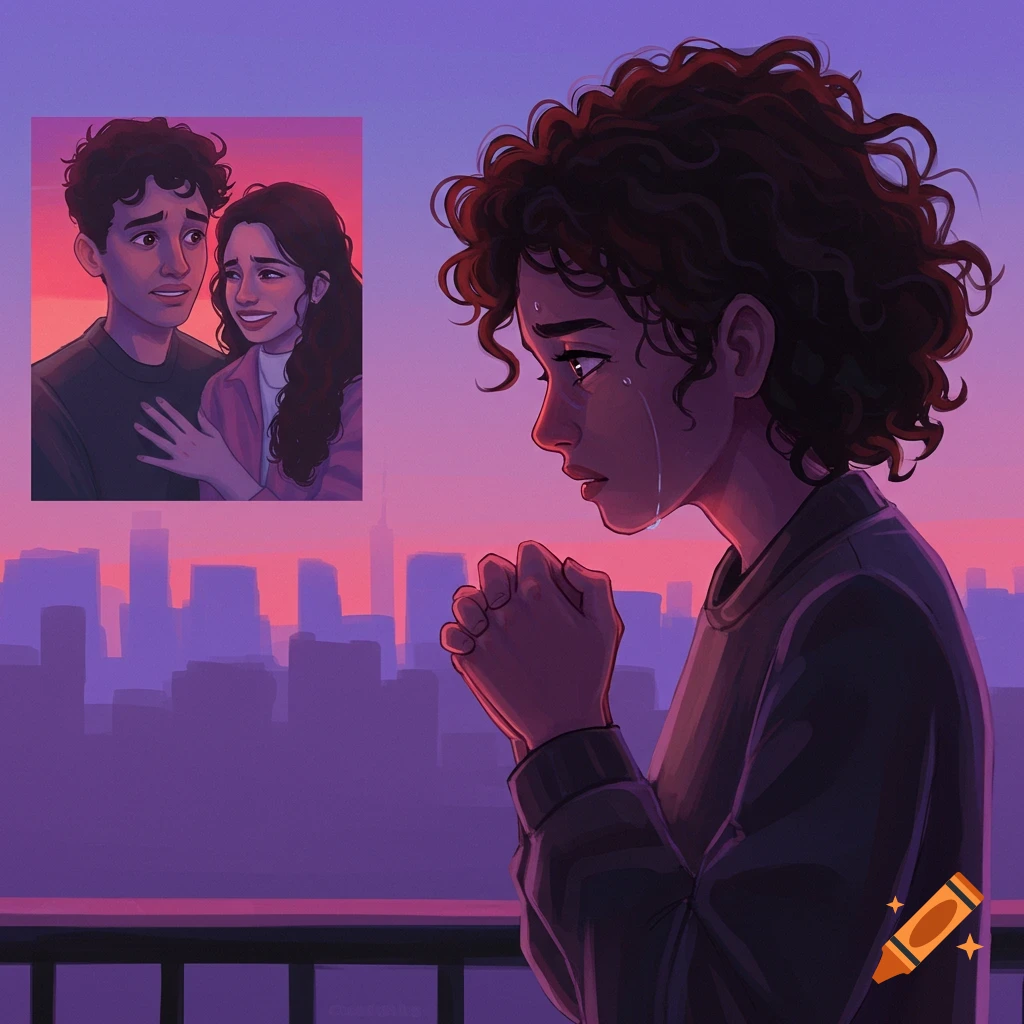 Illustration of a crying woman looking at a picture of a couple against a city skyline