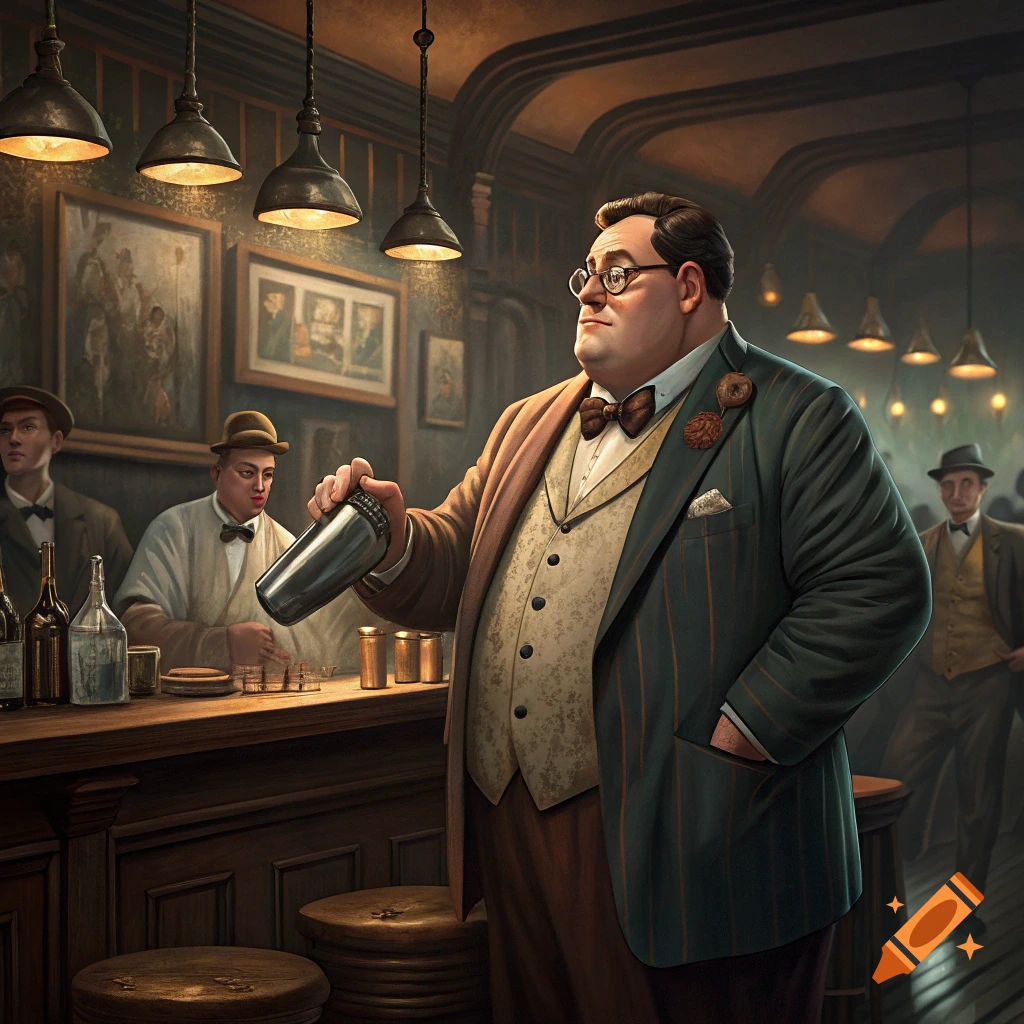 A man resembling Peter Griffin in 1920s attire stands at a bar, shaking a cocktail mixer in a speakeasy.