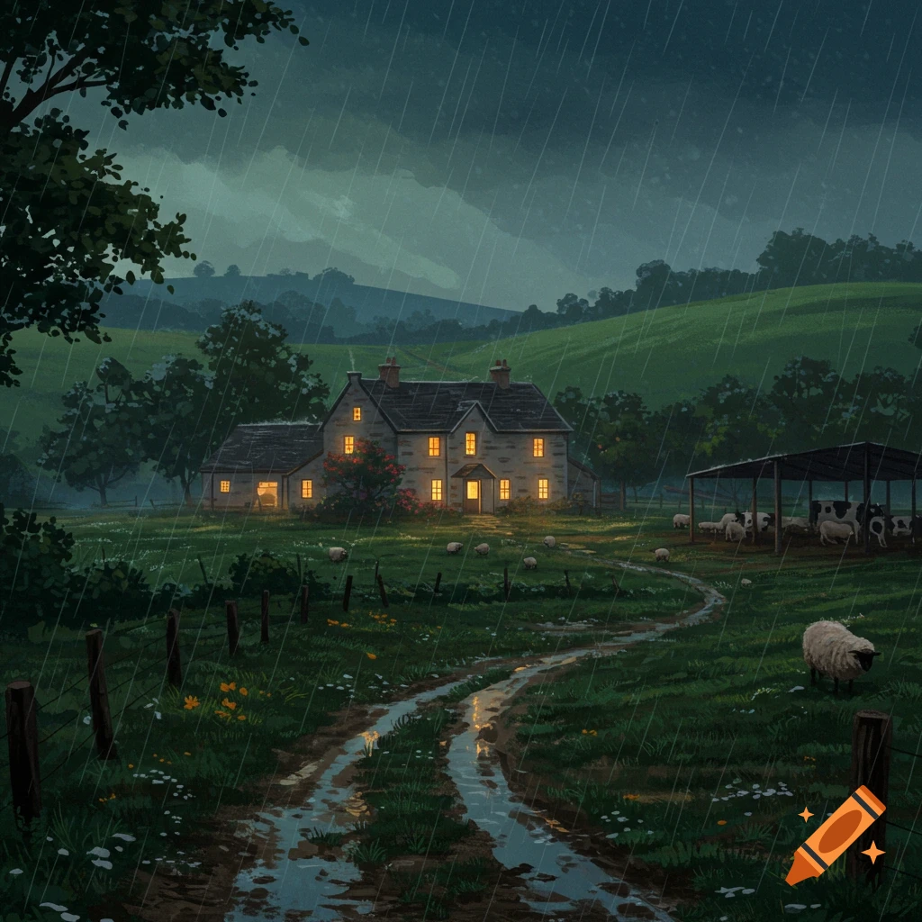 A farmstead with a house, barn, and animals in a rainy rural landscape with a muddy path.