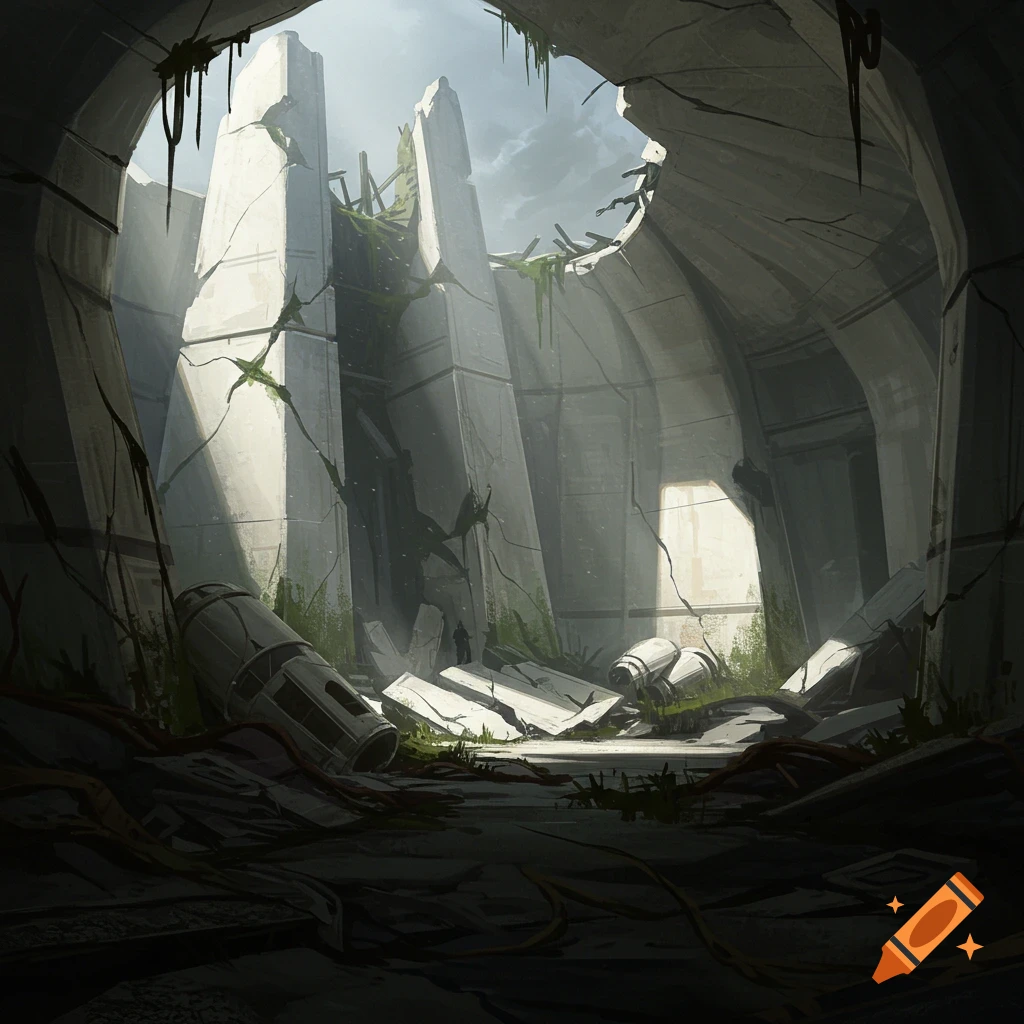 Interior of large, crumbling stone ruins with broken pillars and overgrown plants.