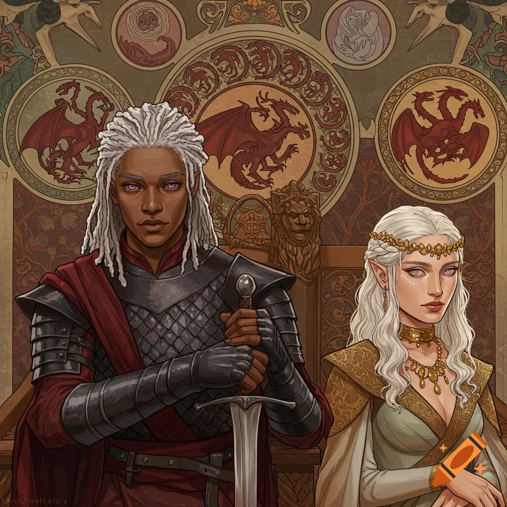 Two fantasy characters, a man in armor and a woman in a dress, stand in front of a tapestry. Art Nouveau style.