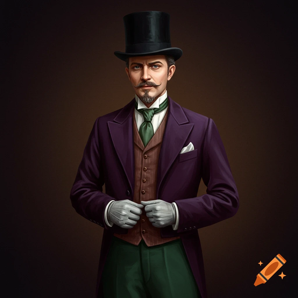 Portrait of a man in a top hat, purple tailcoat, brown vest, green trousers, and gray gloves.