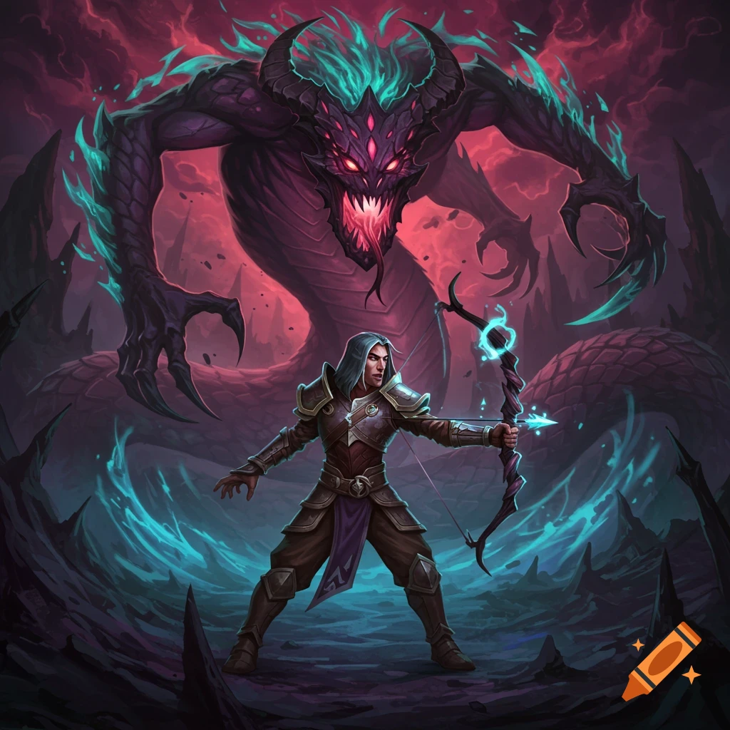 A fantasy character in armor with a bow stands ready to fight a large, dark monster with glowing eyes and tendrils in a dramatic, dark environment.