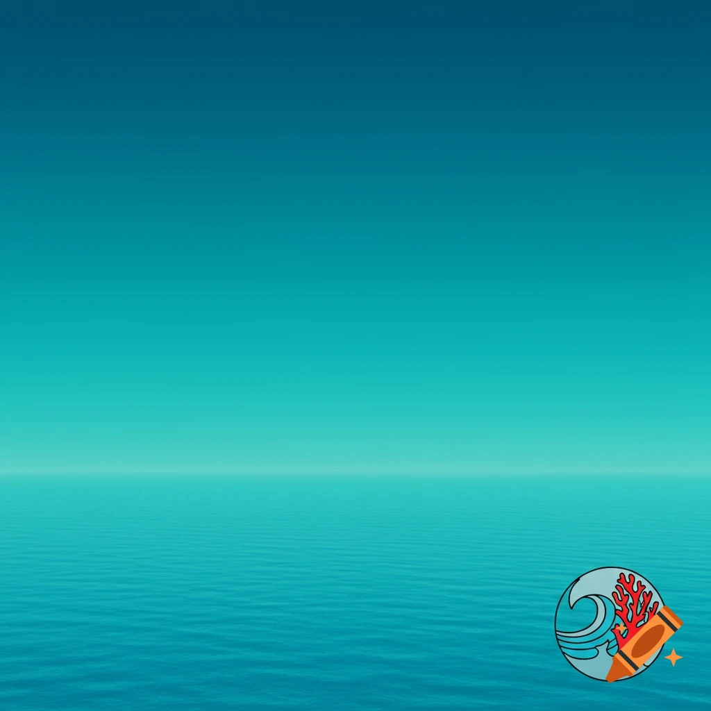 Gradient turquoise-teal sky over calm water with a circular logo of a wave and red coral.