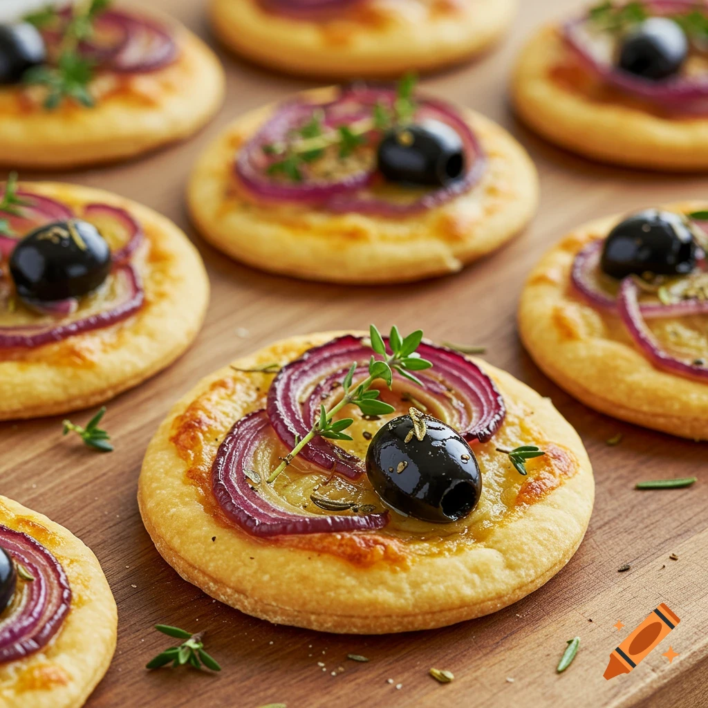 Close-up photo of mini Pissaladi
dere topped with red onion, olive, and herbs on a wooden surface.