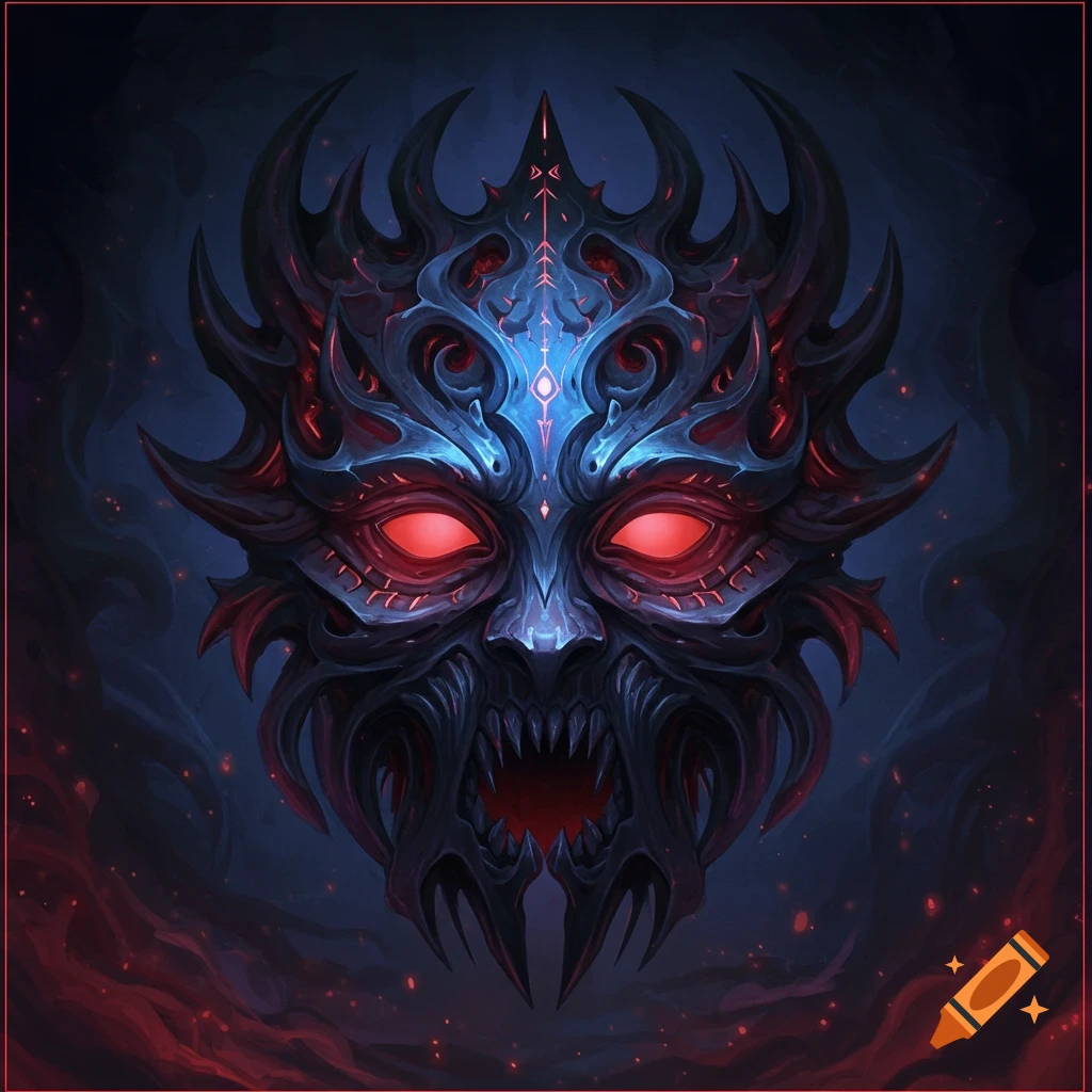A dark, ornate fantasy mask with red glowing eyes and sharp teeth against a shadowy background.