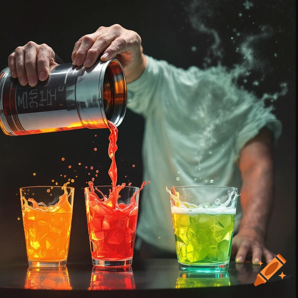 A person pours red liquid into three glasses of colorful drinks, causing splashes.