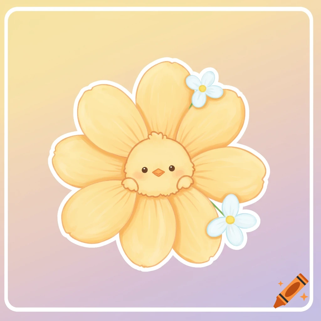 Cute sticker illustration of a chick in a yellow flower with white flowers.