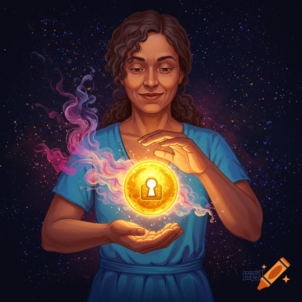 Illustration of a woman holding a glowing golden orb with a keyhole against a starry background with light effects.