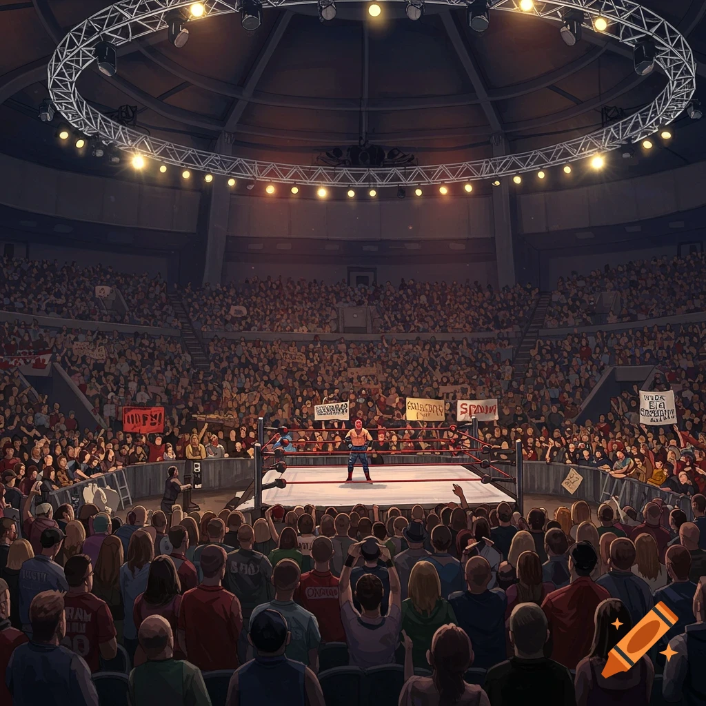 An illustration of a wrestling match in a large, packed arena.