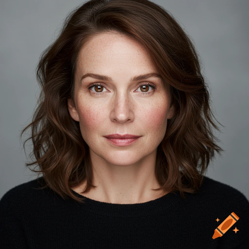 Studio portrait of a woman with brown wavy hair, brown eyes, and freckles, wearing a black sweater.