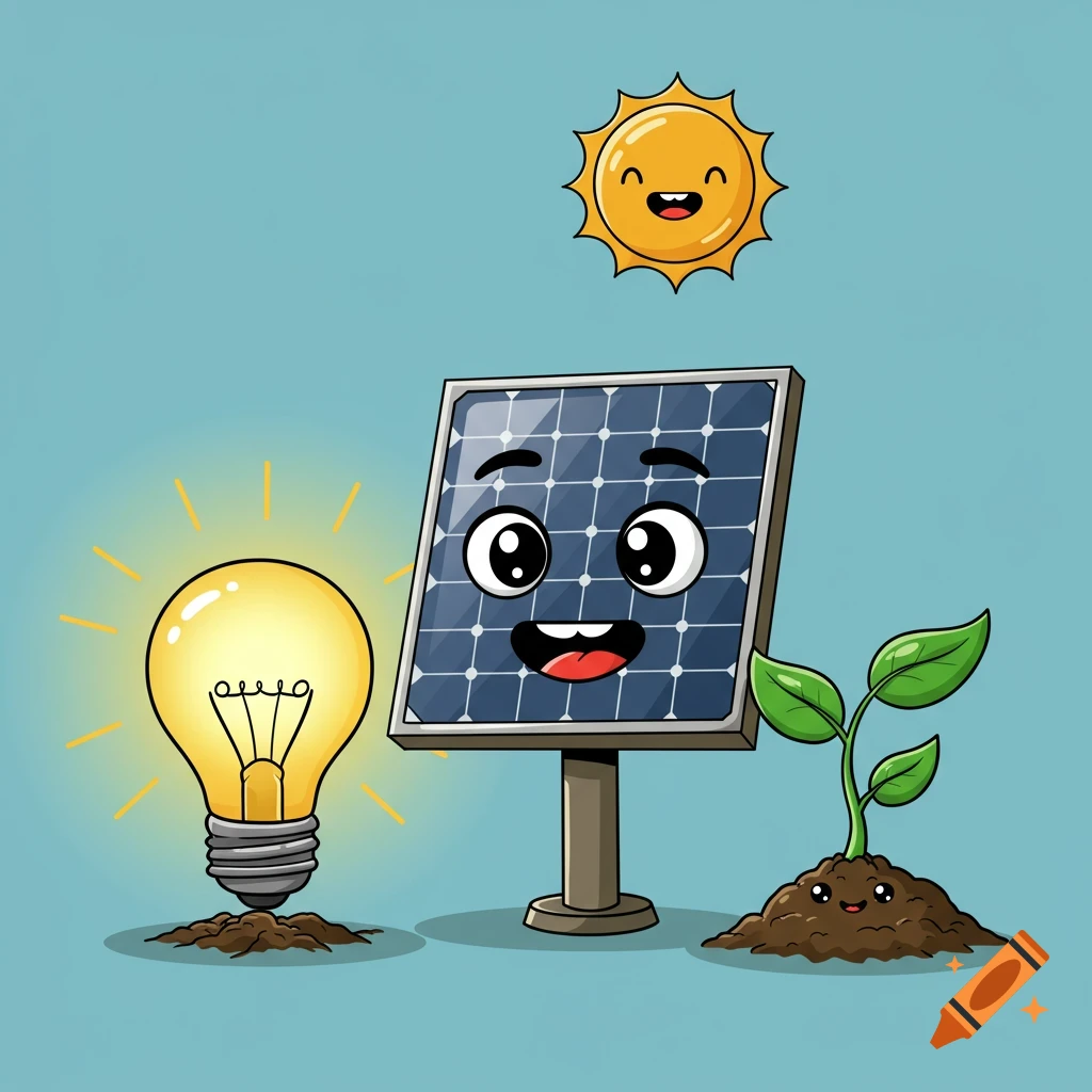 Cartoon illustration of a happy solar panel, lightbulb, plant, and sun.