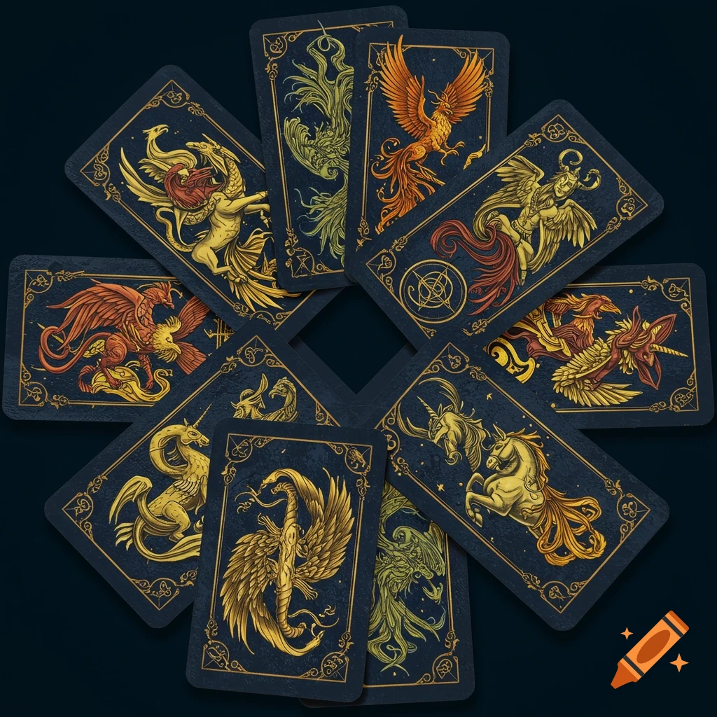 A fanned arrangement of playing cards, each featuring a stylized illustration of a mythical creature like a phoenix, dragon, or unicorn, in gold and red on a dark blue background.