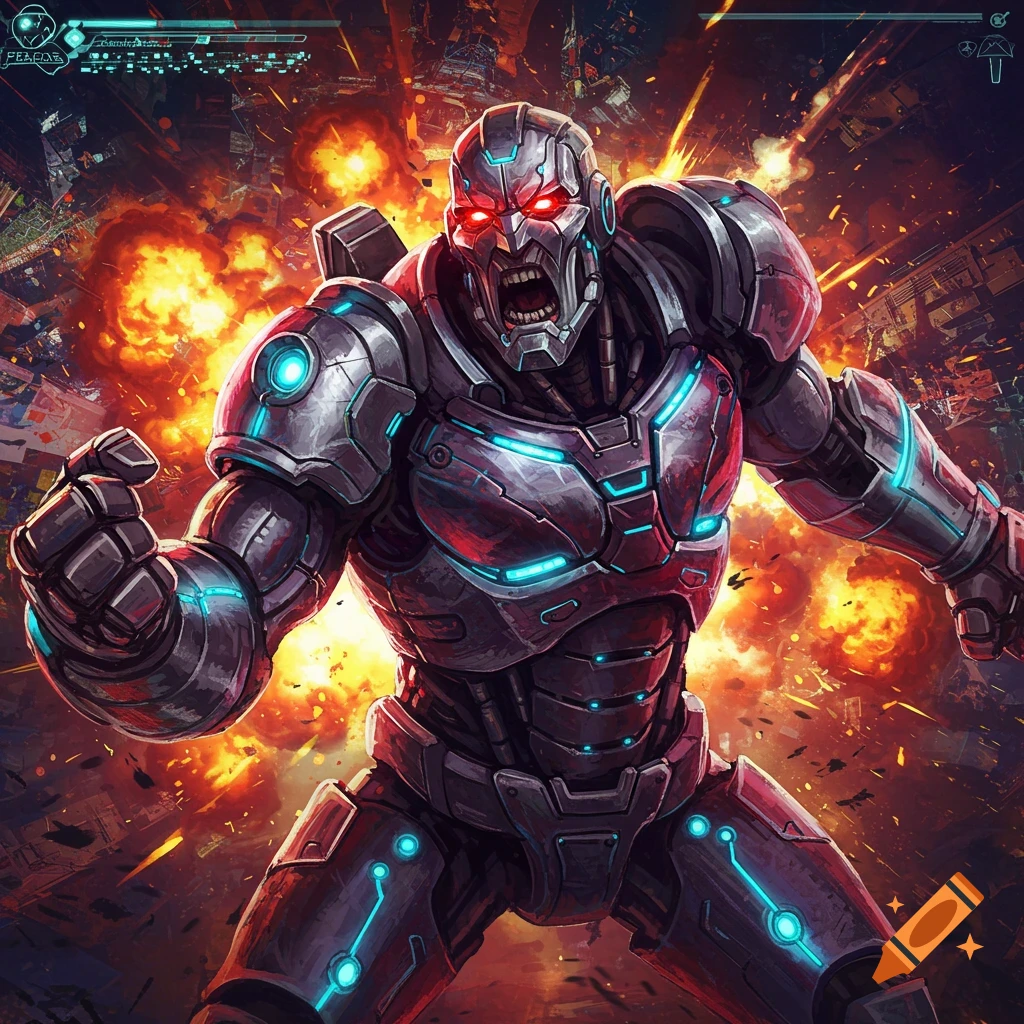 Illustration of a powerful robot with glowing red eyes raging in a destroyed city with explosions
