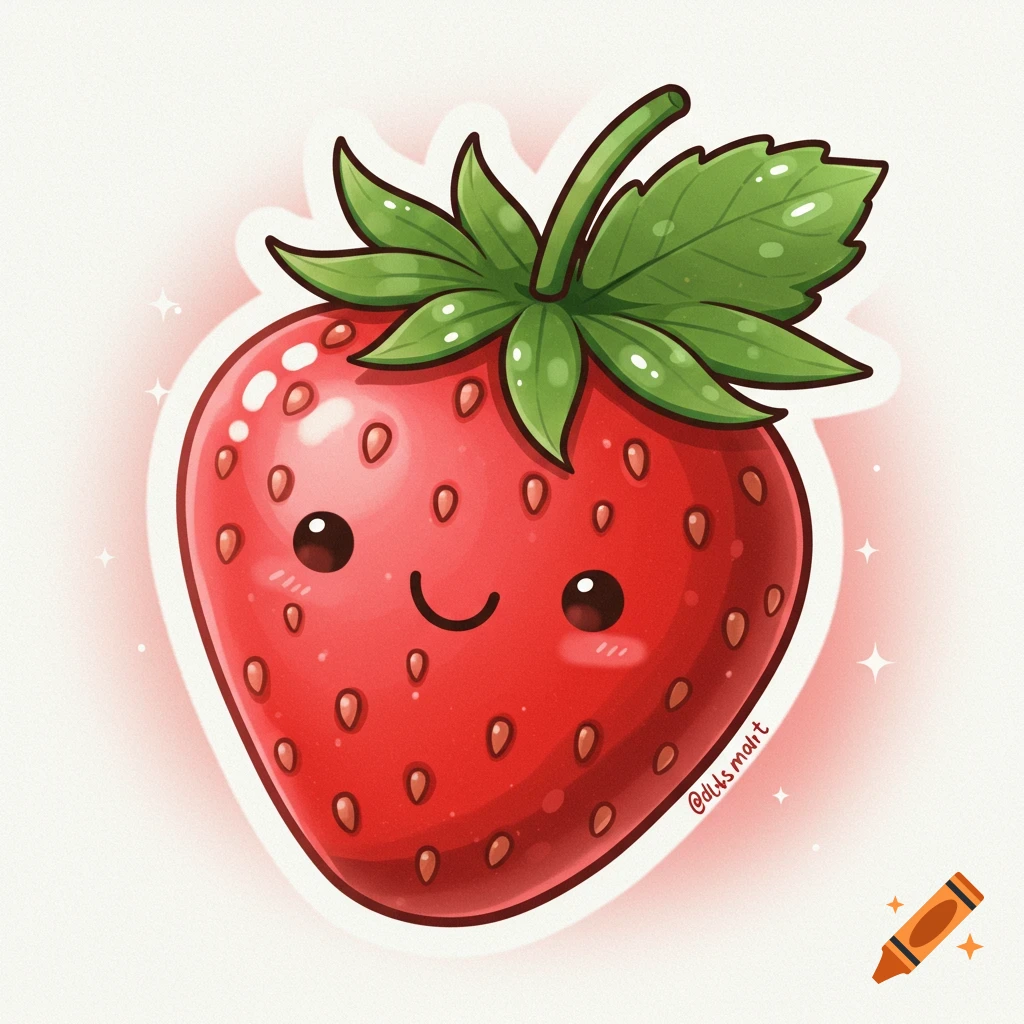 Cute cartoon illustration of a smiling strawberry with sparkles.