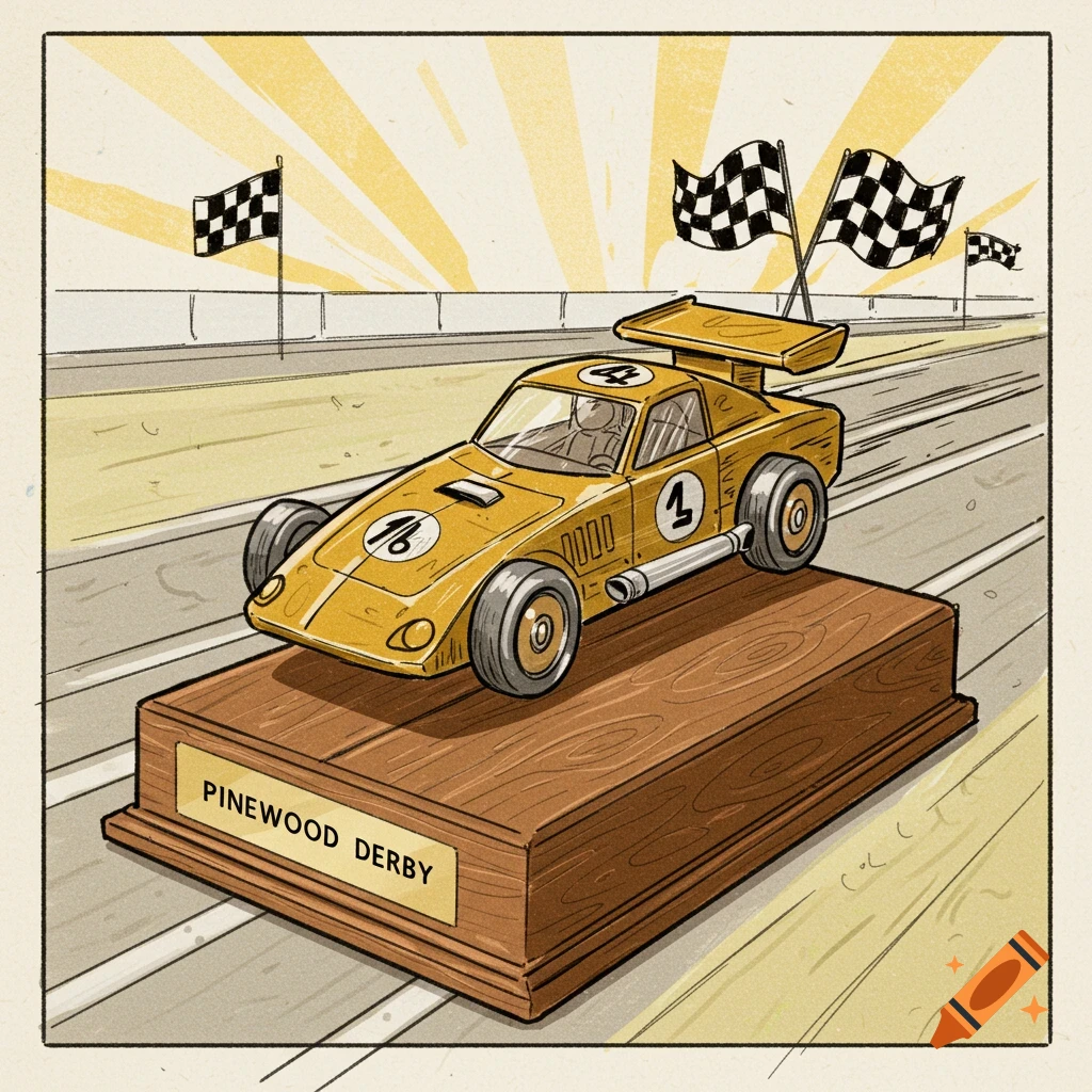 An illustration of a yellow pinewood derby car on a wooden trophy base with a race track background and checkered flags.