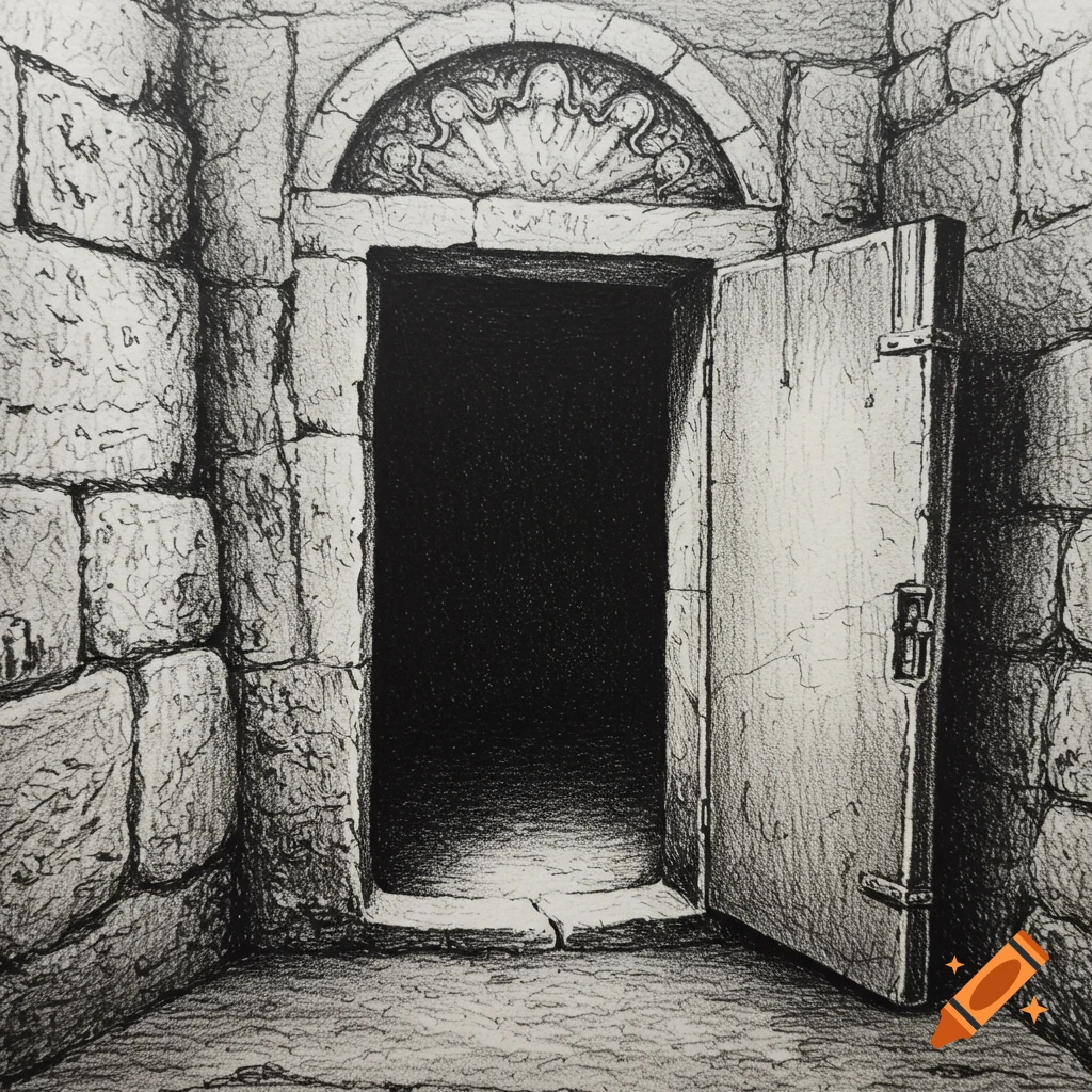 Black and white drawing of an open tomb door in a stone wall.