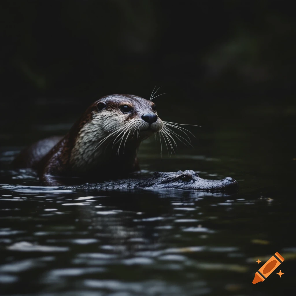 Photorealistic image of an otter and a crocodile swimming in dark water.