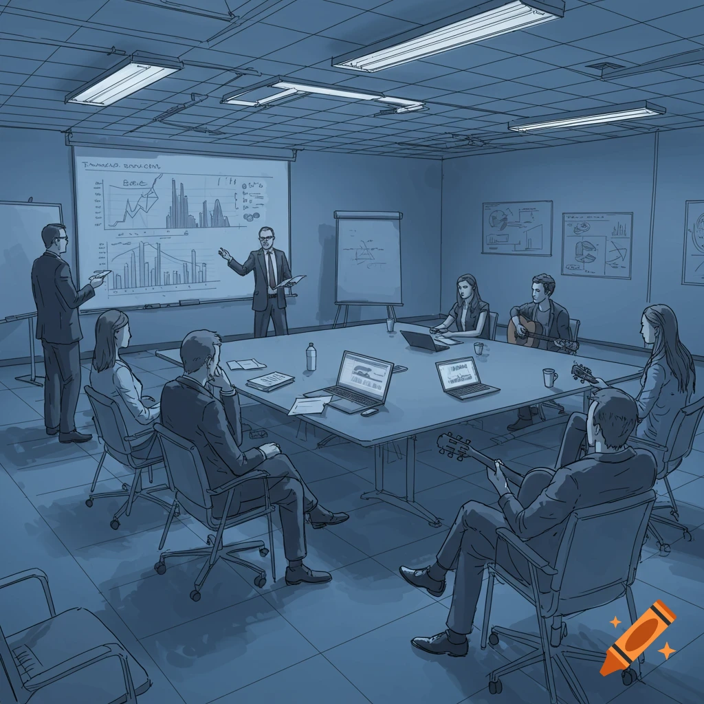 Digital sketch illustration of a business meeting in a conference room with people around a table and charts on a projector screen.