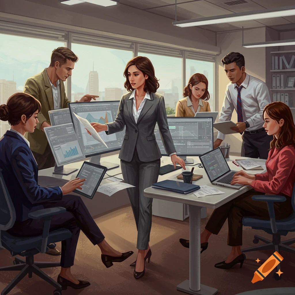 Illustration of business people in an office looking at data on screens.