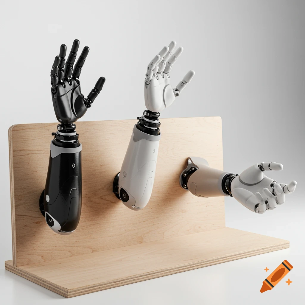 Three prosthetic arms, black, white, and tan, mounted on a wooden display board.