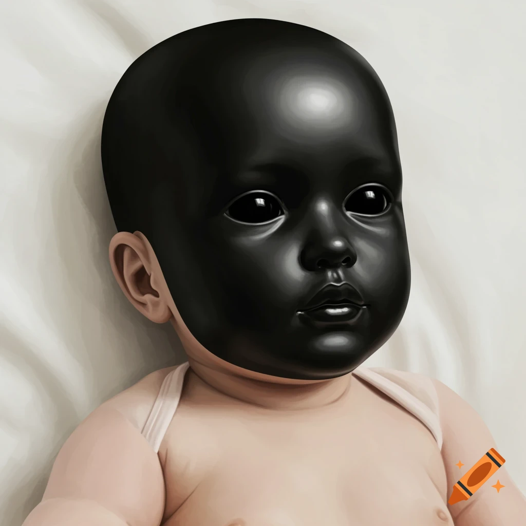 A baby figure with a shiny black face.