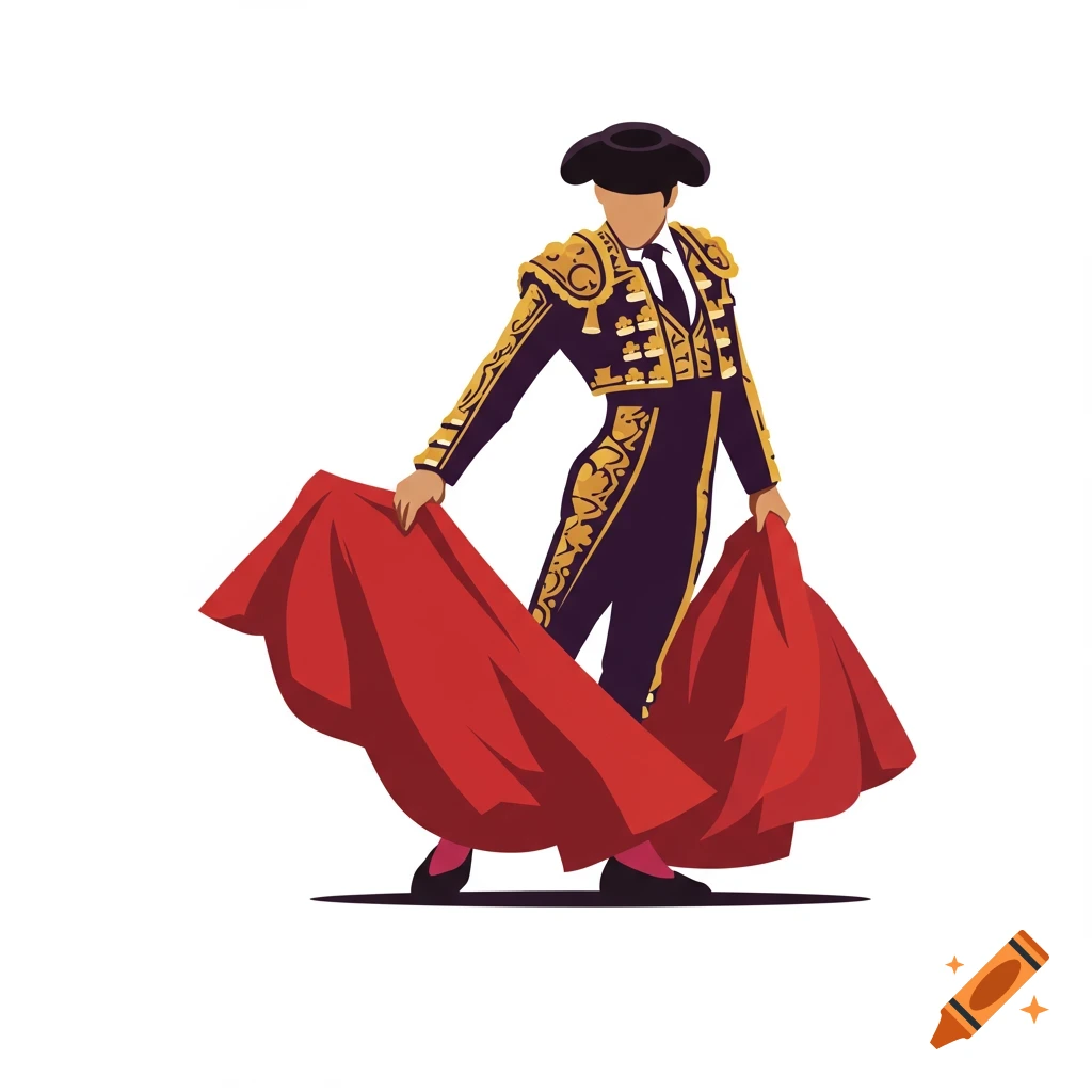 A matador in uniform holds red capes in a simple clipart style.