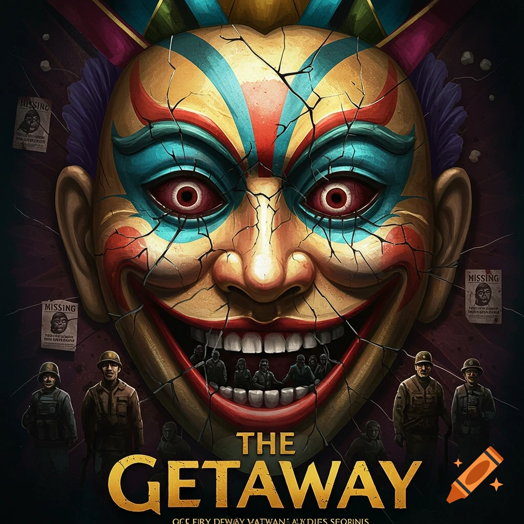 A horror-style poster shows a large cracked mask with a sinister grin, with soldiers and missing posters visible around it and inside its mouth. Text reads "THE GETAWAY".