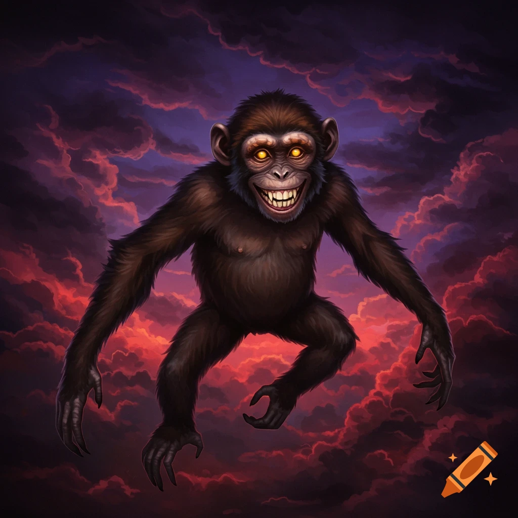 Digital illustration of a scary monkey with glowing eyes and sharp teeth floating in a dark, cloudy sky.