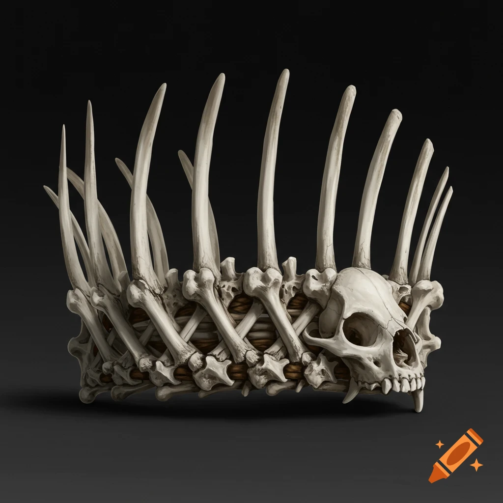 A crown made of bones with a skull on the front, on a dark background.