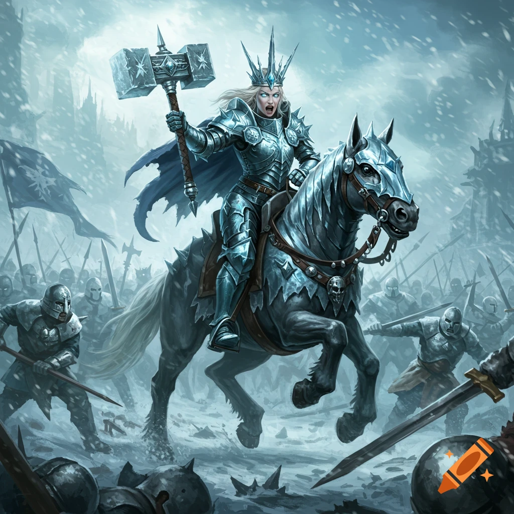 Katarin on horseback leading an army in a snowy battle, holding a hammer. Detailed fantasy illustration.