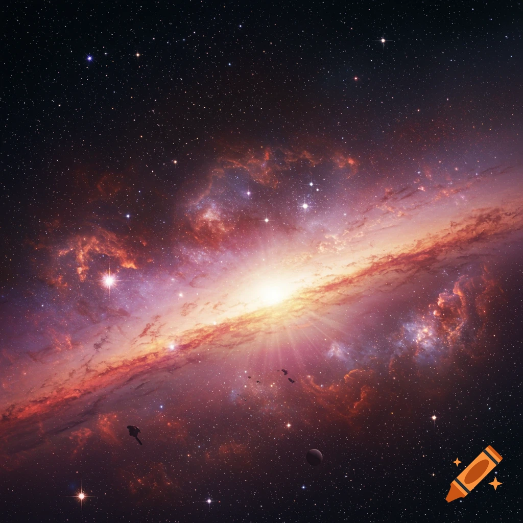 A vibrant galaxy with a bright core and dust lanes, seen from the side against a starfield.