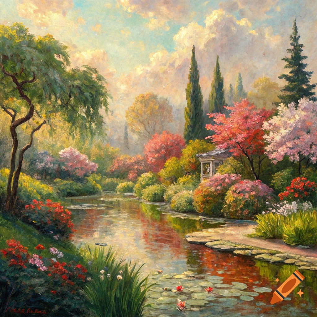 A colorful impressionist painting of a lush garden with a pond, trees, and abundant flowers.