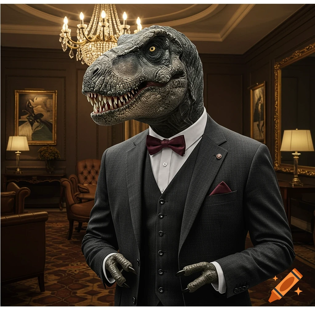 A photorealistic image of a Tyrannosaurus Rex wearing a grey suit, vest, and bow tie, standing in a fancy room.