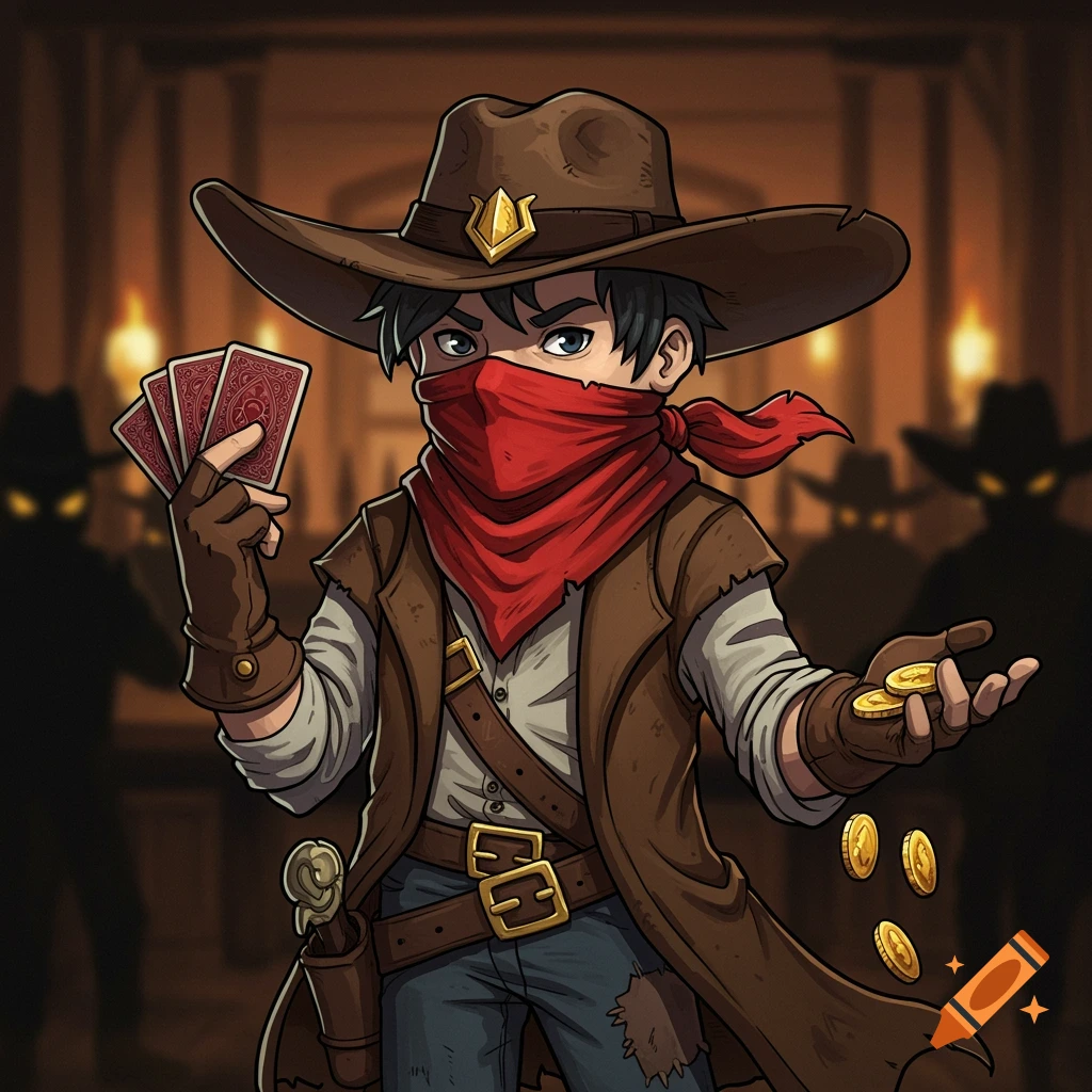 Cartoony cowboy in red bandana mask holding cards and coins in a dimly lit saloon with shadowy figures.