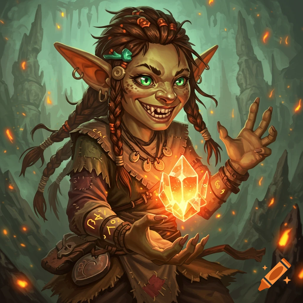 A fantasy illustration of a goblin oracle holding a glowing crystal in a cave
