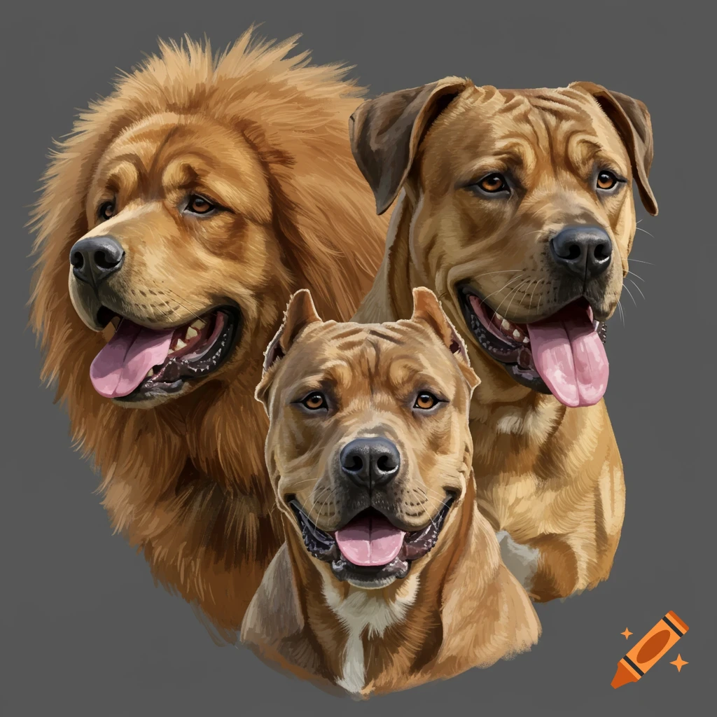 Close-up illustration of three dog heads: a Tibetan Mastiff, a Dogo Argentino, and a large tan mastiff breed.