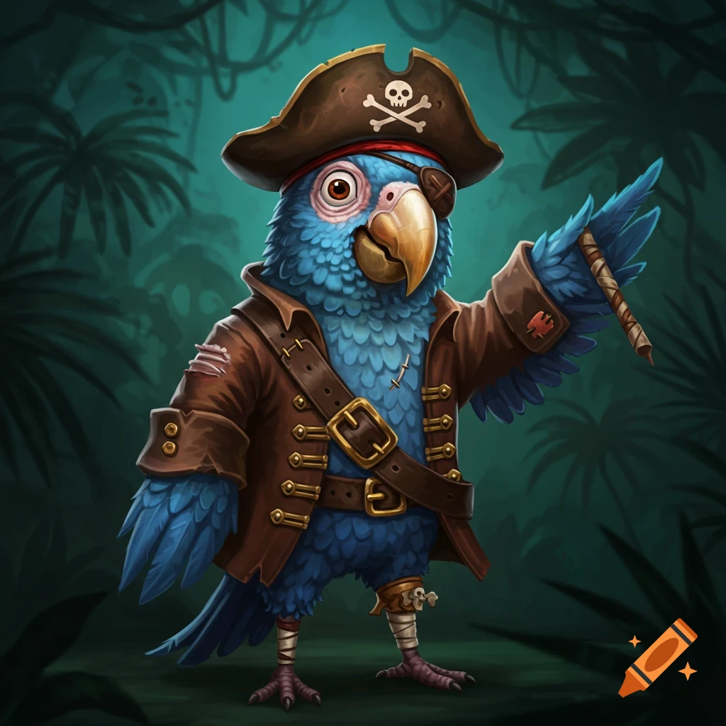 Cartoon blue parrot dressed as a pirate with an eye patch and bandaged leg, standing in a jungle.