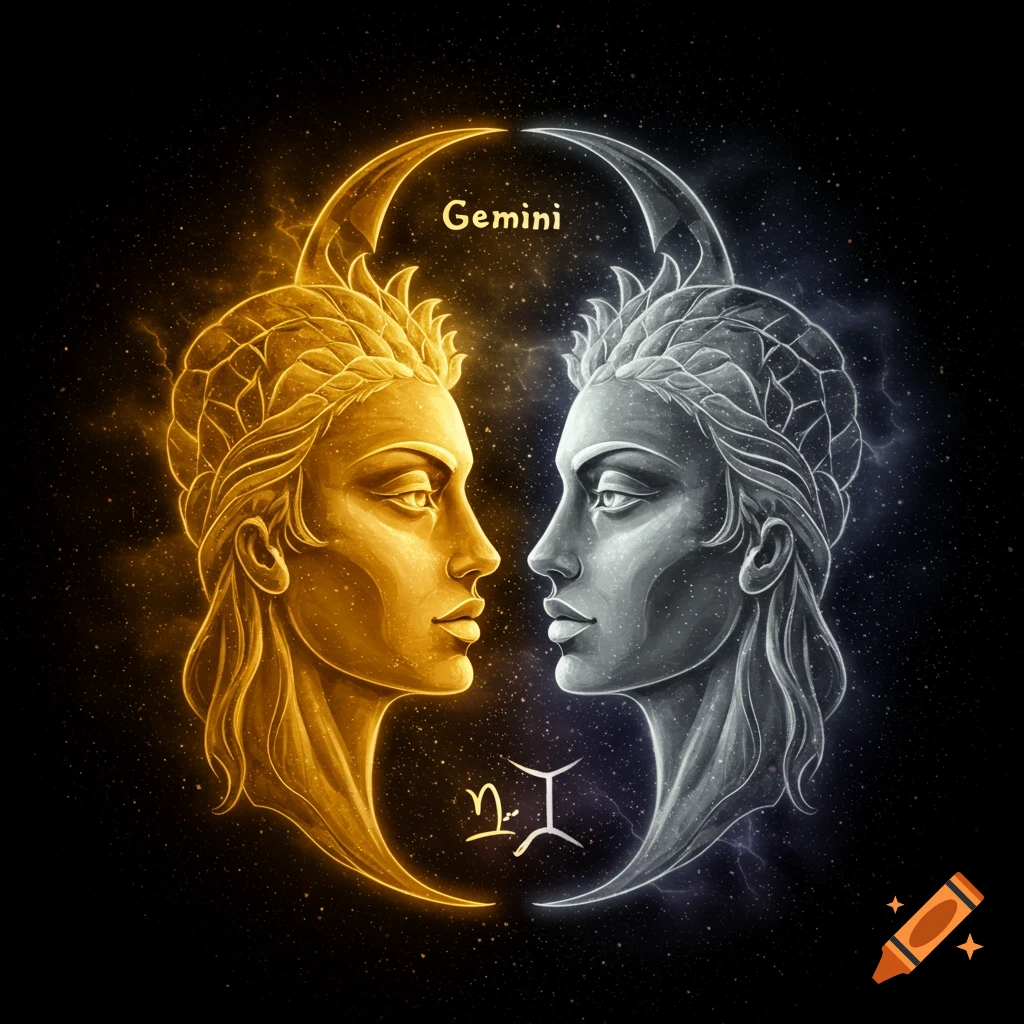 Artistic depiction of the Gemini zodiac sign with golden and silver figures against a starry space background.