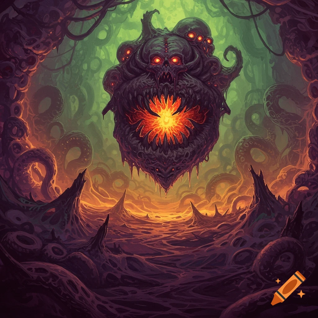 A grotesque, monstrous creature with many eyes and tentacles floats above a dark, alien landscape.